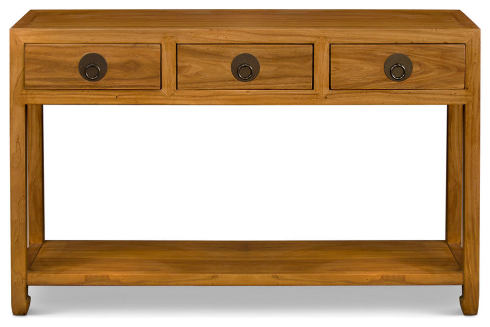 Natural Elmwood Chinese Ming Console Table with 3 Drawers and Shelf
