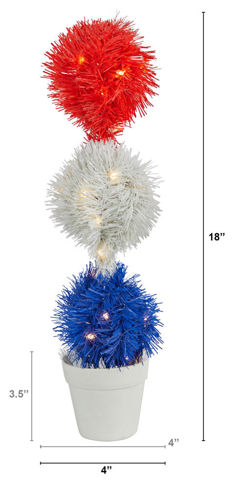 18" Red, White and Blue Americana Faux Topiary Plant With 35 Warm LED Lights