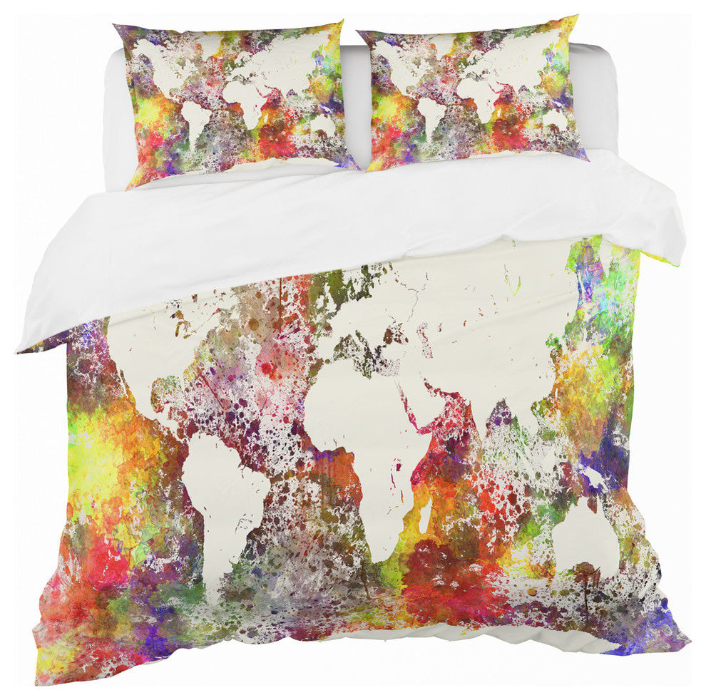 World Map in Great Colors Watercolor Map Duvet Cover, Twin