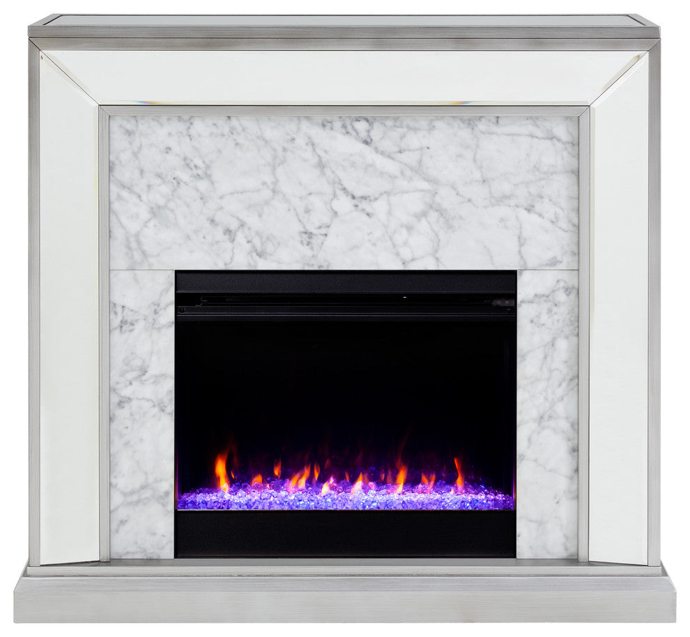 Trason Mirrored Faux Stone Fireplace with Color Changing Firebox, Silver