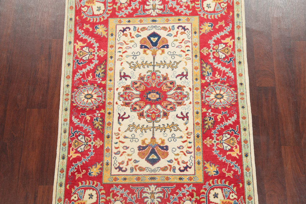 Traditional Super Kazak Bordered Area Rug Oriental Hand-Knotted, Beige, 4 X 6