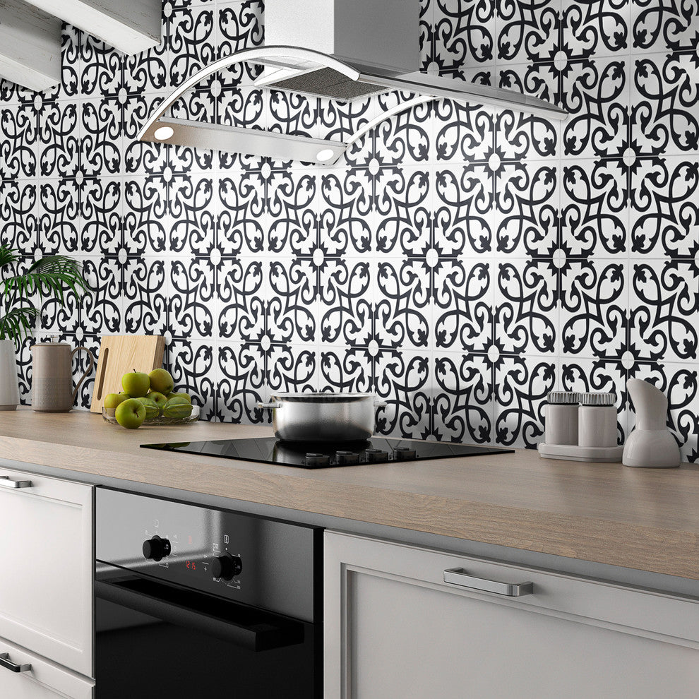 8"x8" Agadir Handmade Cement Tile, White/Black, Set of 12