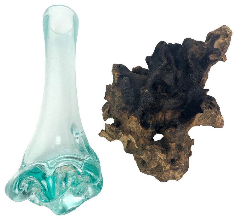Glass On Teak Driftwood Molten Sculptural Bud Vase