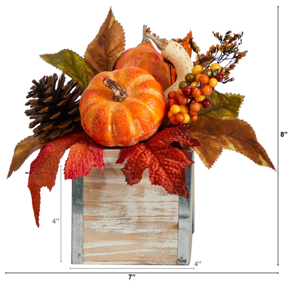 8" Fall Pumpkin, Gourd, Berries & Pinecones Faux Arrangement Natural Washed Vase