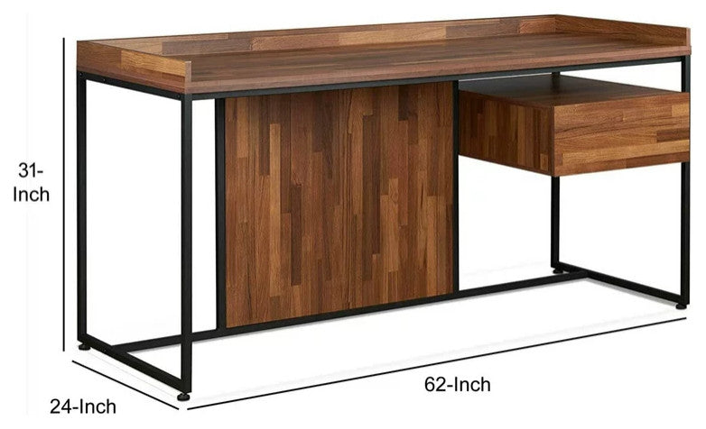 Modern Desk, Minimalist Design With Metal Frame & Multi Tone Brown Finished Top