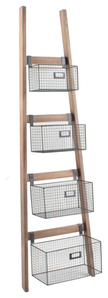 Wall Ladder Shelf & Bookcase With Wire Storage Baskets