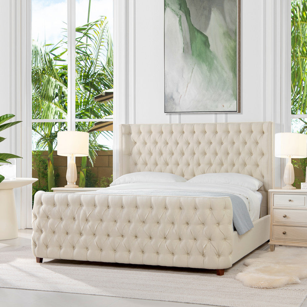 Brooklyn Tufted Sheltered Wingback Panel Bed, Light Beige, King