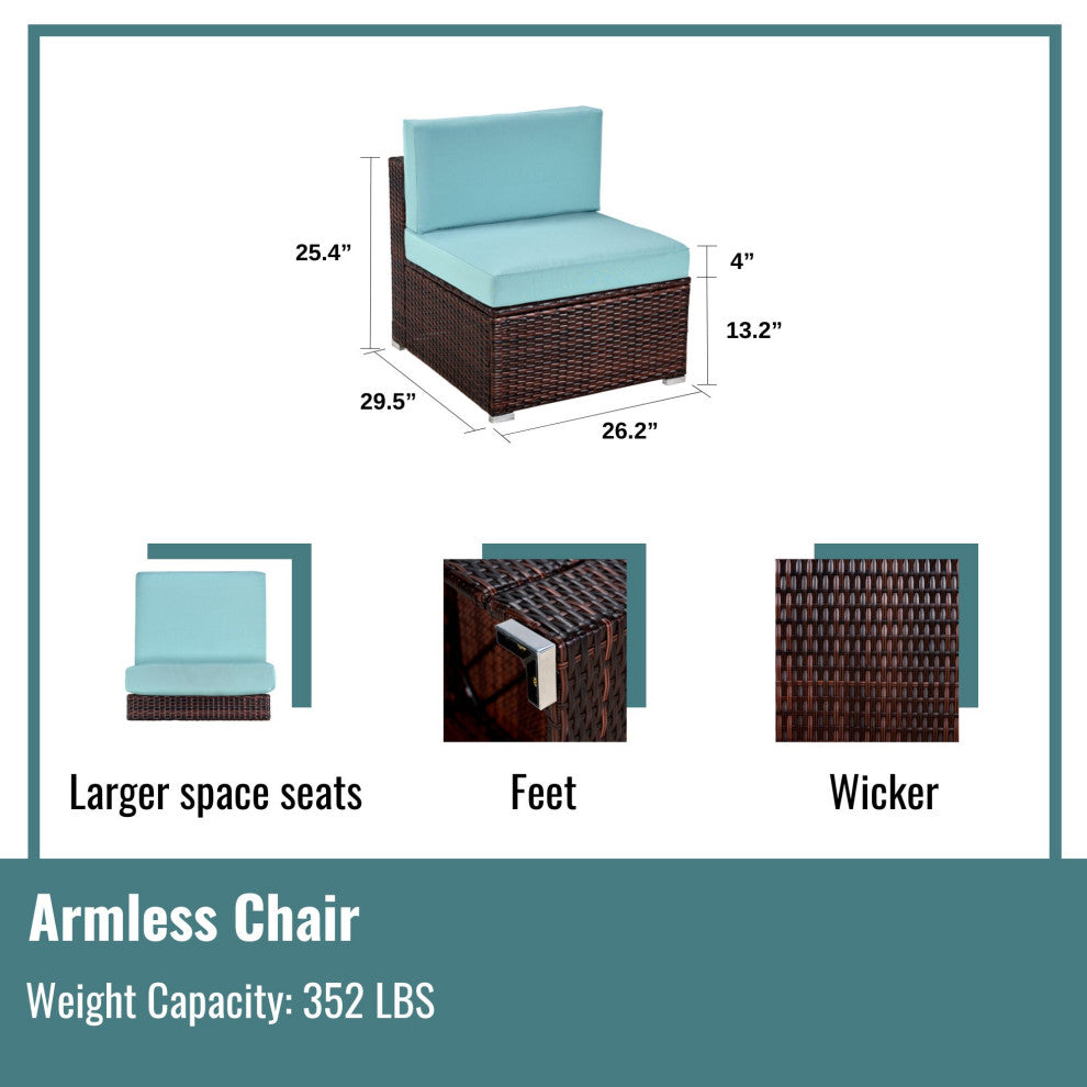 7-Piece Outdoor Wicker U-Shaped Patio Sofa Set with Table and Cushions, Teal Blue+brown