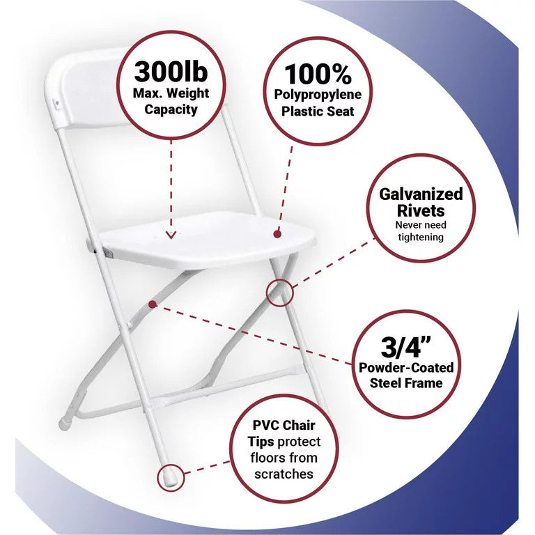 10 Pack Folding Chair, Coated Metal Frame With Plastic Seat & Open Back, White