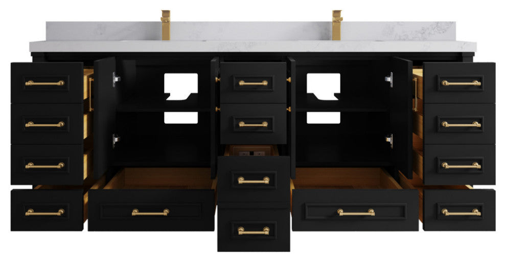 Aberdeen 84 Double Sink Bath Vanity in Black 2" Calacatta Nuvo