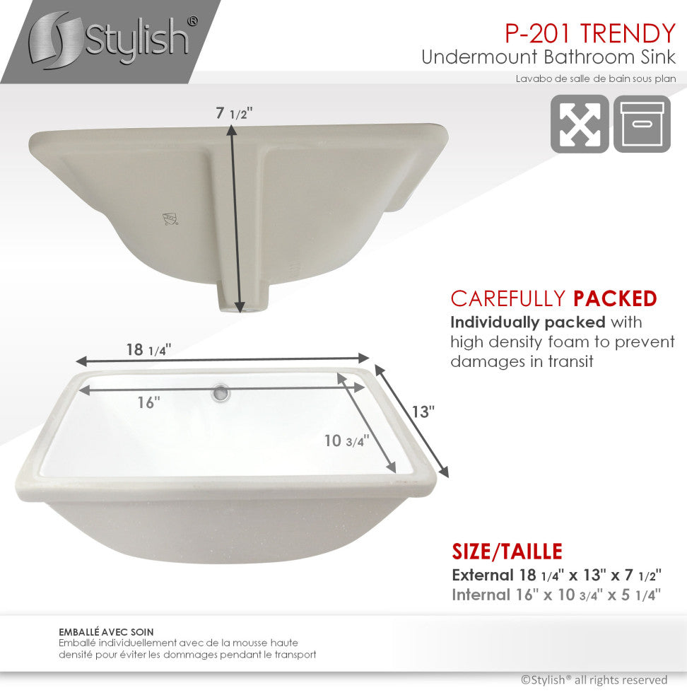STYLISH 18" Rectangular Undermount Ceramic Ceramic Bathroom Sink With 2 Finishes