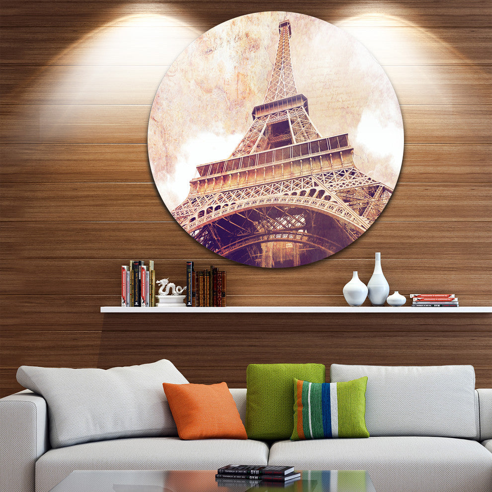 Paris Eiffel Tower Paris Postcard Design, Round Metal Wall Art, 23"