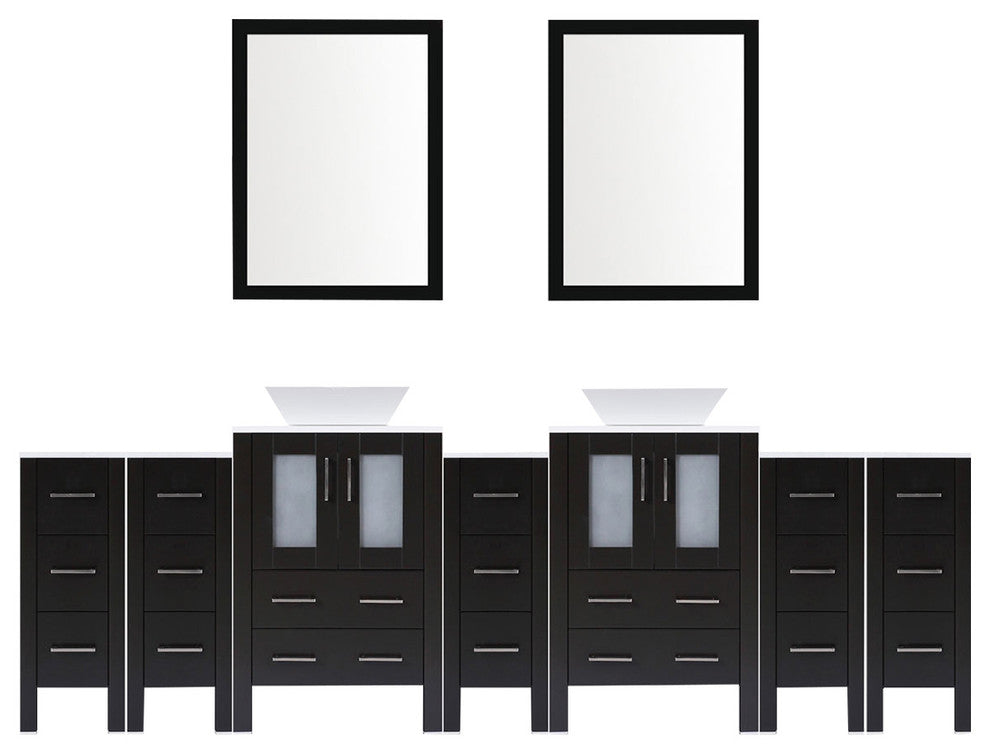Modern Vanity Set With Two Sink Bases With Mirrors and Five Drawer Bases, Espres