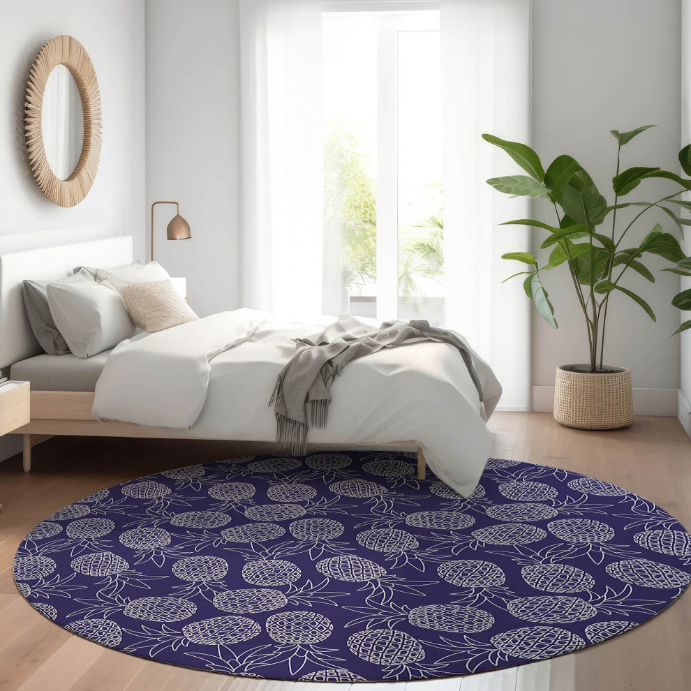 Indoor/Outdoor Kendall KE6 Navy Machine Washable 8' x 8' Round Rug