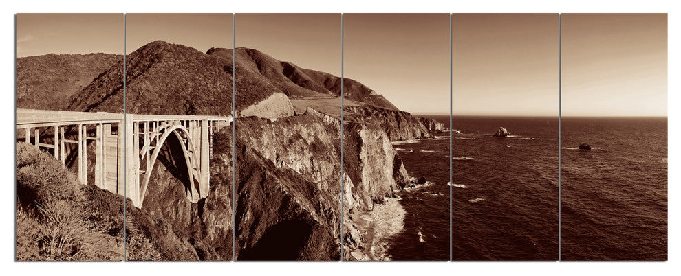 Bixby Bridge View Panorama, Landscape Canvas Art Print, 70"x28", 6 Panels