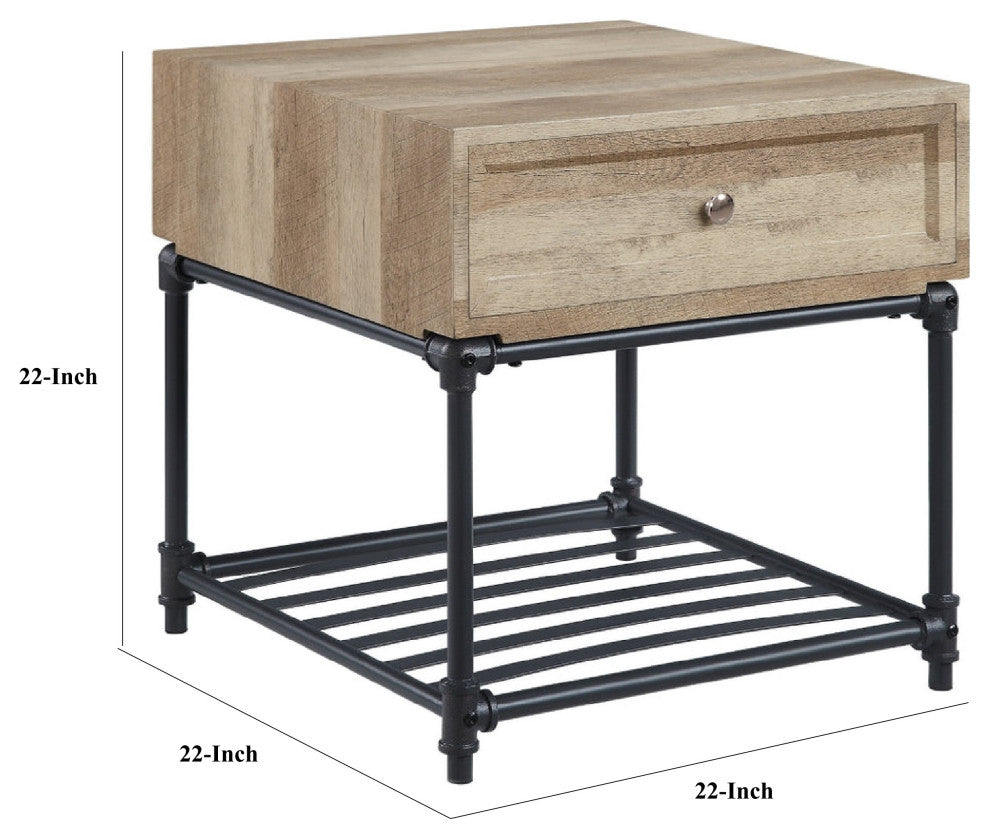 Benzara BM276288 End Table, 1 Drawer, Industrial Design, Slatted Shelf, Oak