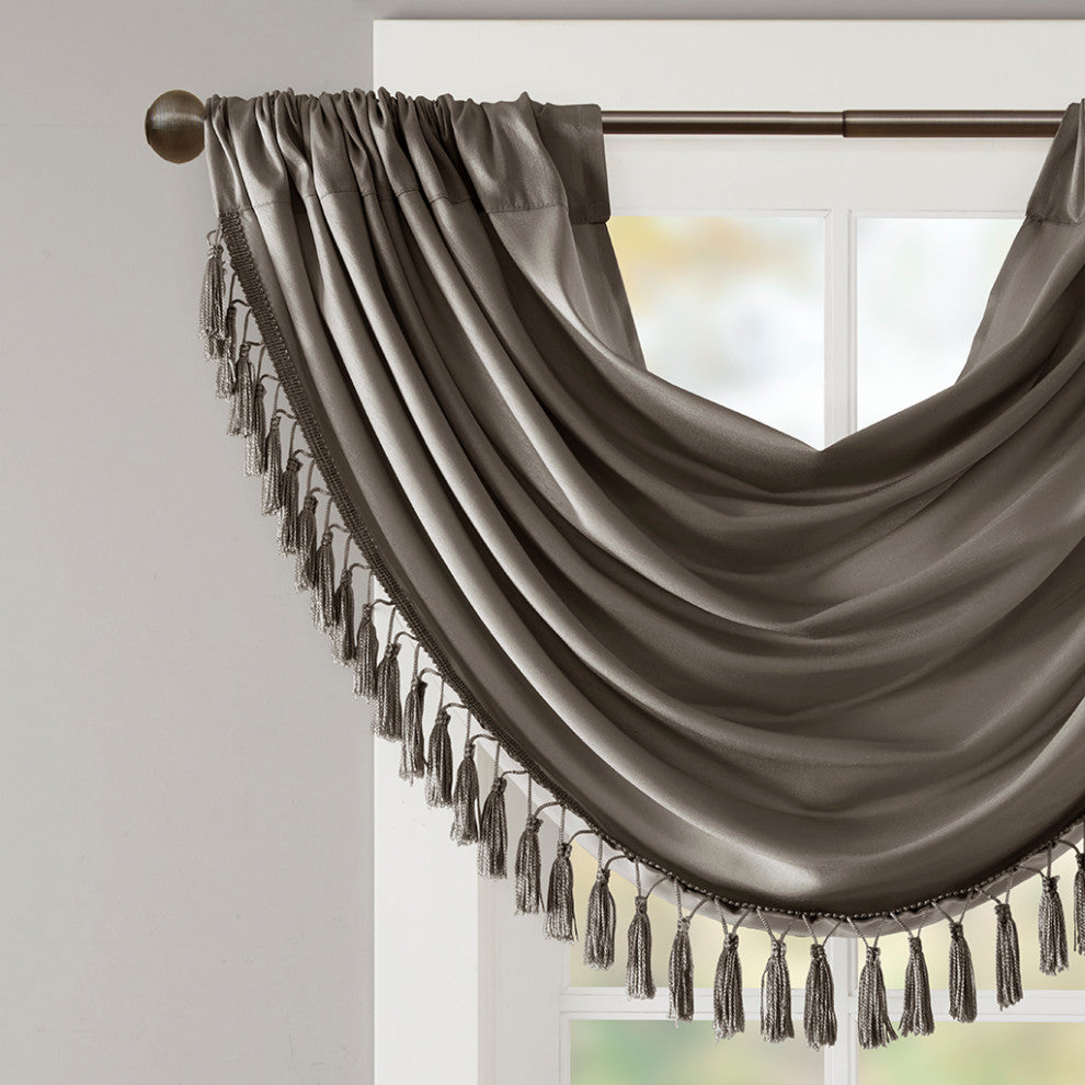 Madison Park Elena Silky Sheer Window Valance with Tassels, Bronze, Brown