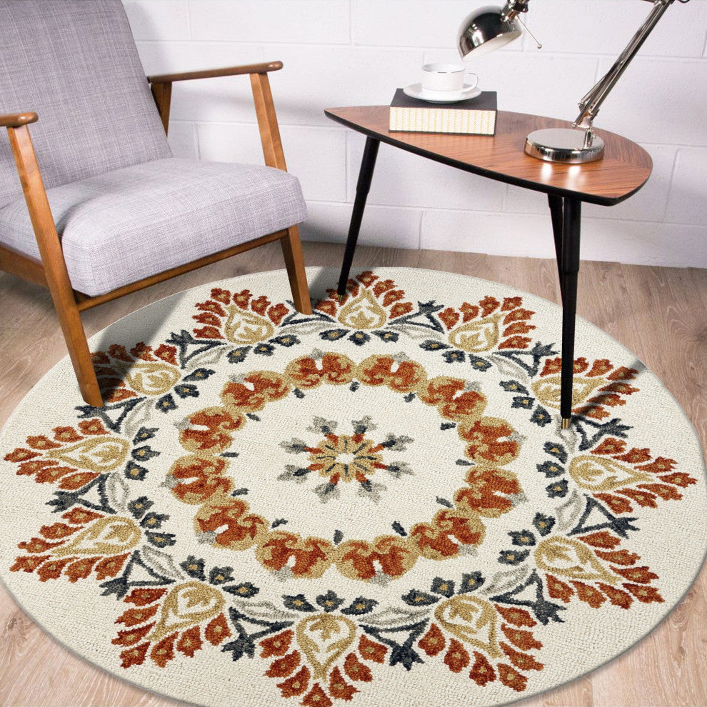 6" Round Orange Boho Medallion Area Rug