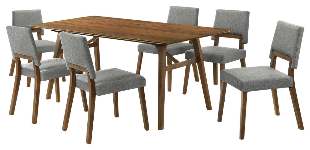 Channell 5-Piece Walnut Wood Dining Table Set With Charcoal Fabric, Charcoal, 7 Piece