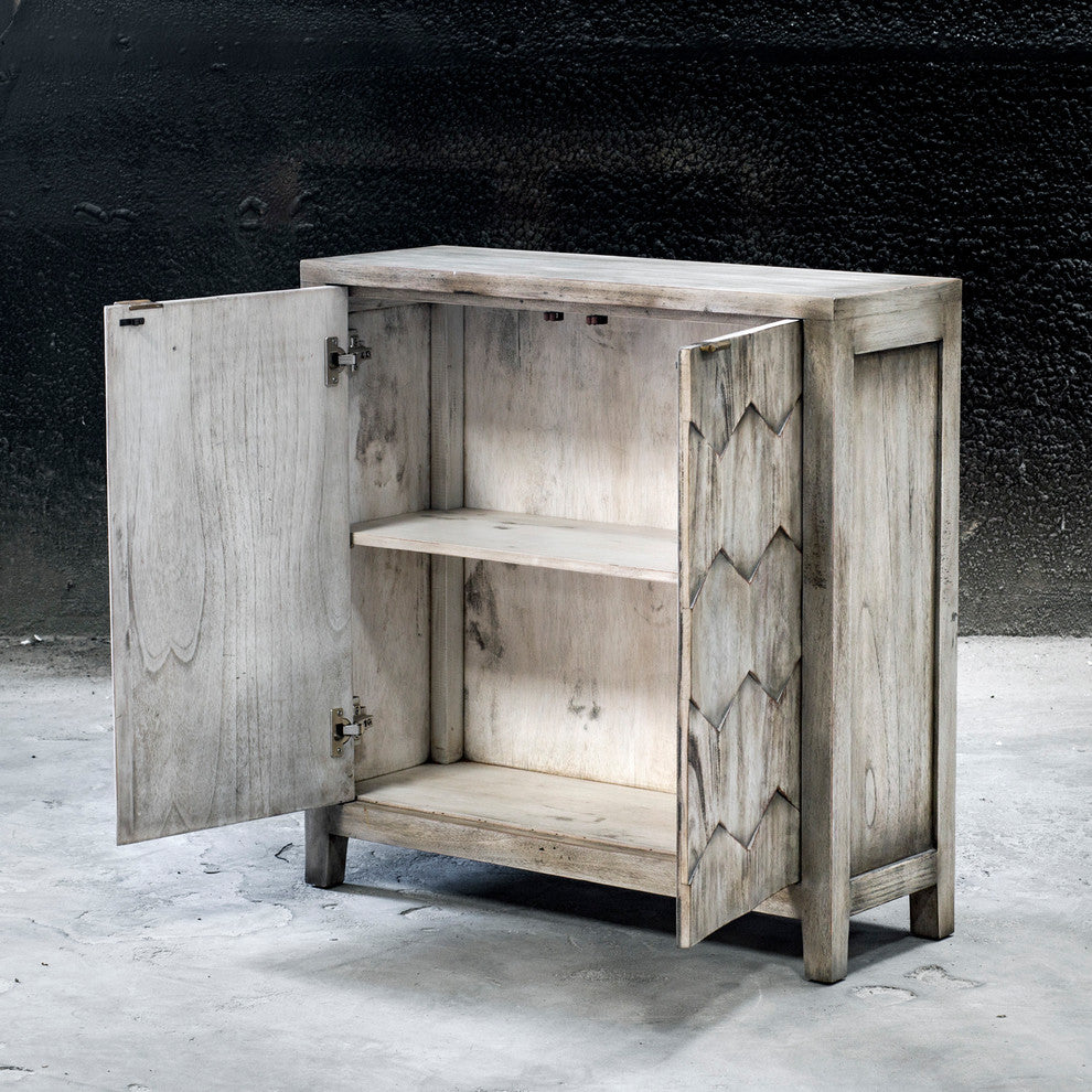 MidCentury Ivory Gray Distressed Wood Cabinet Accent Console Diamond Honeycomb