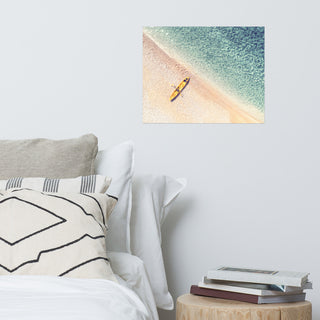 Yellow Canoe & Blue Sea with Soft Violet Effect Landscape Photo Loose Art Print, 16" X 20"