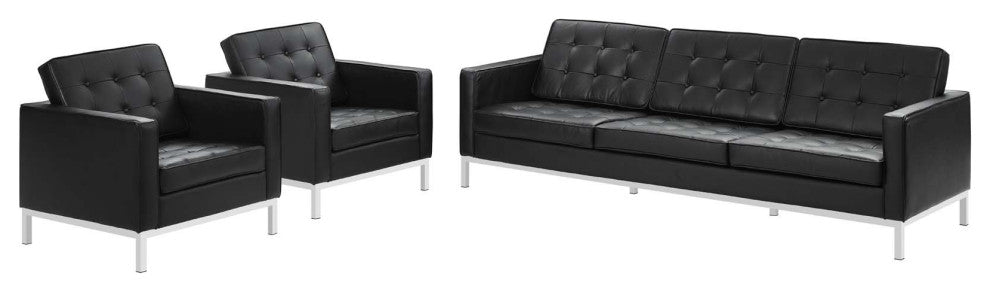 Loft 3-Piece Leather Sofa and Armchair Set Black