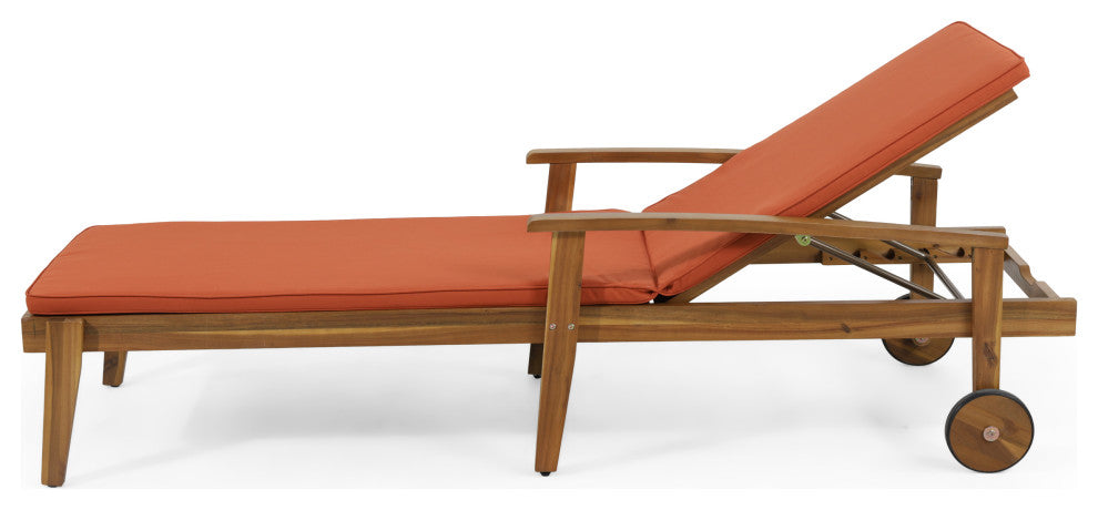 Lucknow Outdoor Acacia Wood Chaise Lounge with Water Resistant Cushion, Set of 2, Orange + Teak