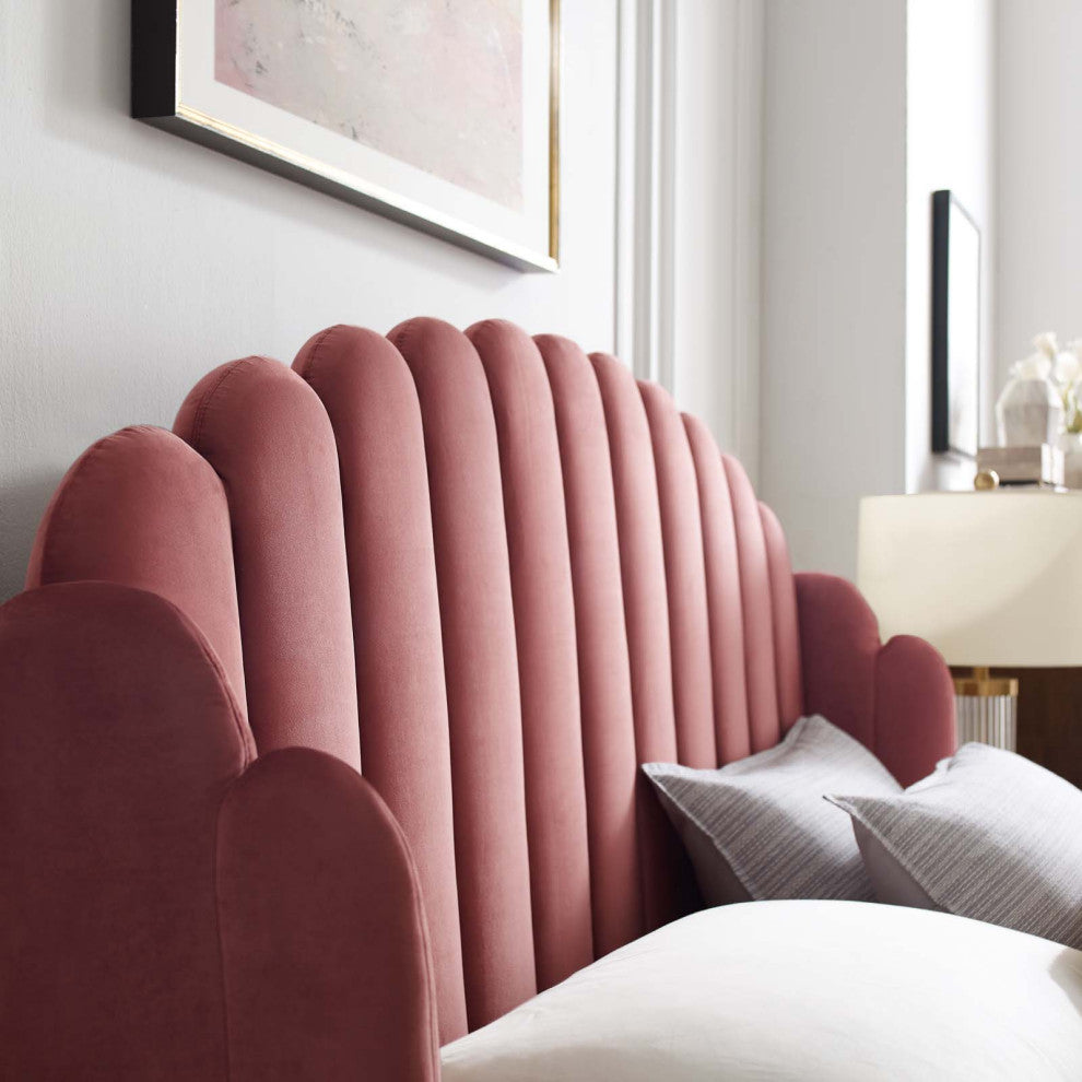 Platform Bed Frame, Queen Size, Velvet, Pink, Modern Contemporary, Bedroom