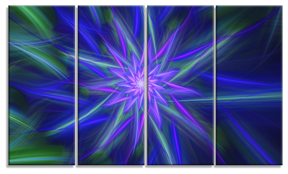 Shining Blue Exotic Fractal Flower, Floral Canvas Art Print, 48"x28", 4 Panels