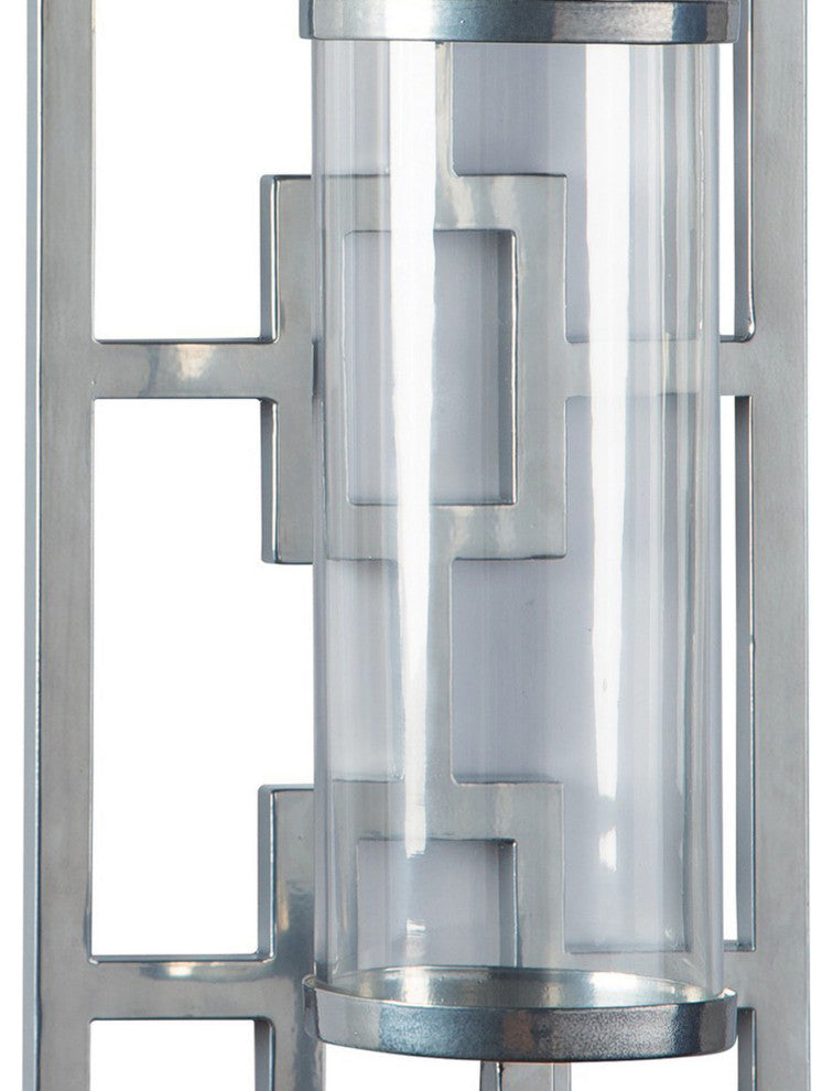 22" Geometric Metal Wall Scone With Glass Hurricane, Silver