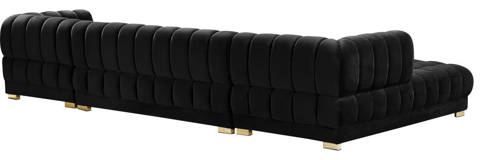 Gwen Biscuit Tufted Velvet Upholstered 3 Piece Sectional, Black