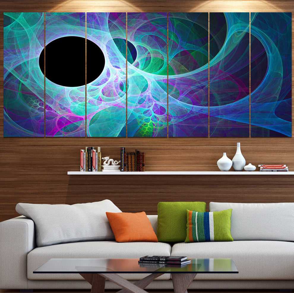 Blue Angel Wings on Black, Abstract Wall Art Canvas, 83"x32", 7 Panels