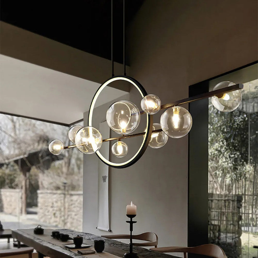 Bubi Modern Kitcehn Island Light for Dining Room with Glass Globe Shade, Black, 10-Light