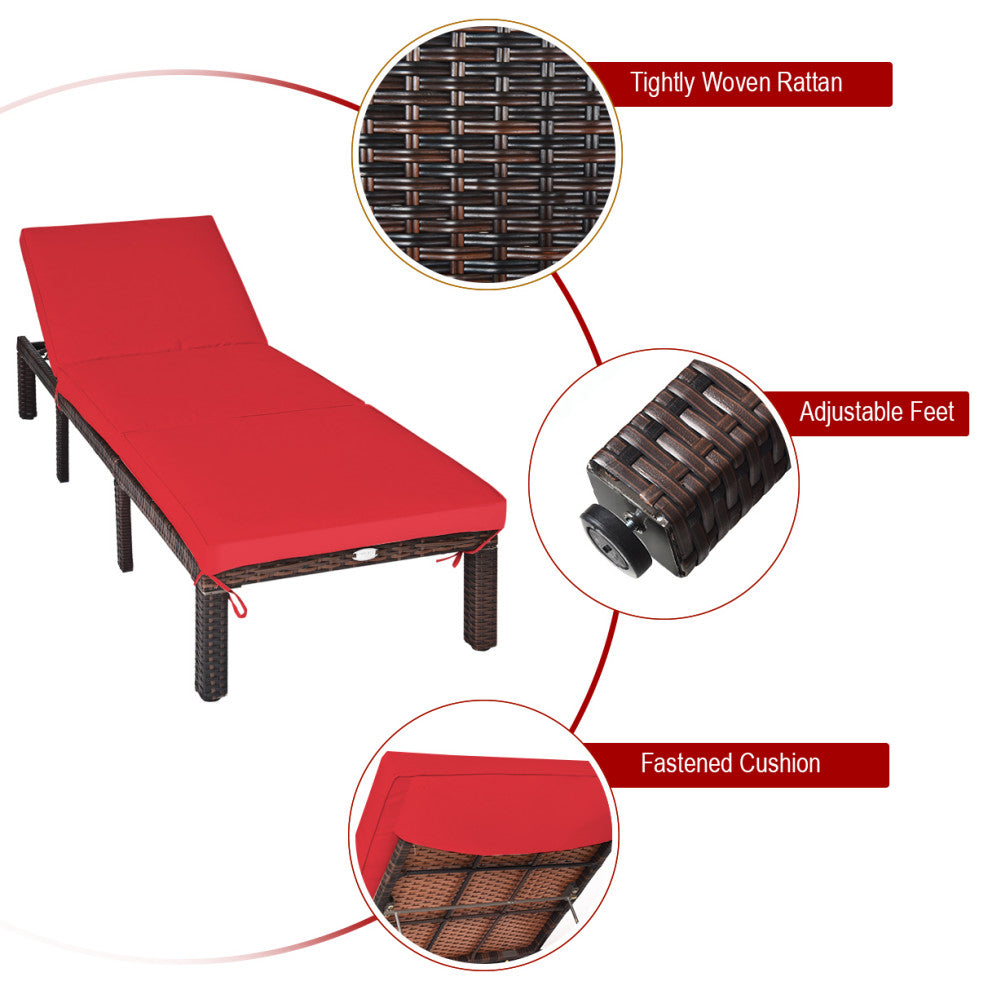 Costway 2PCS Rattan Lounge Chair Chaise Recliner Adjustable Cushioned Red