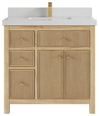 Sonoma 36 Center Sink Bath Vanity in Light Natural Teak with 2" Carrara Quartz