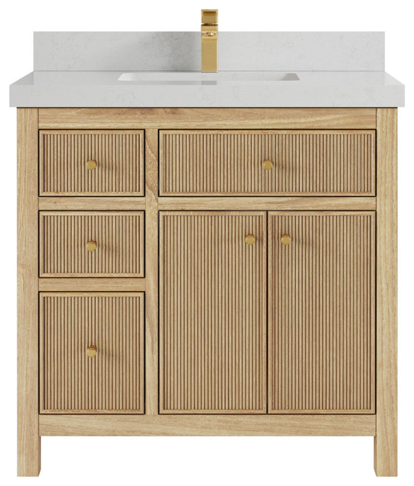 Sonoma 36 Center Sink Bath Vanity in Light Natural Teak with 2" Carrara Quartz