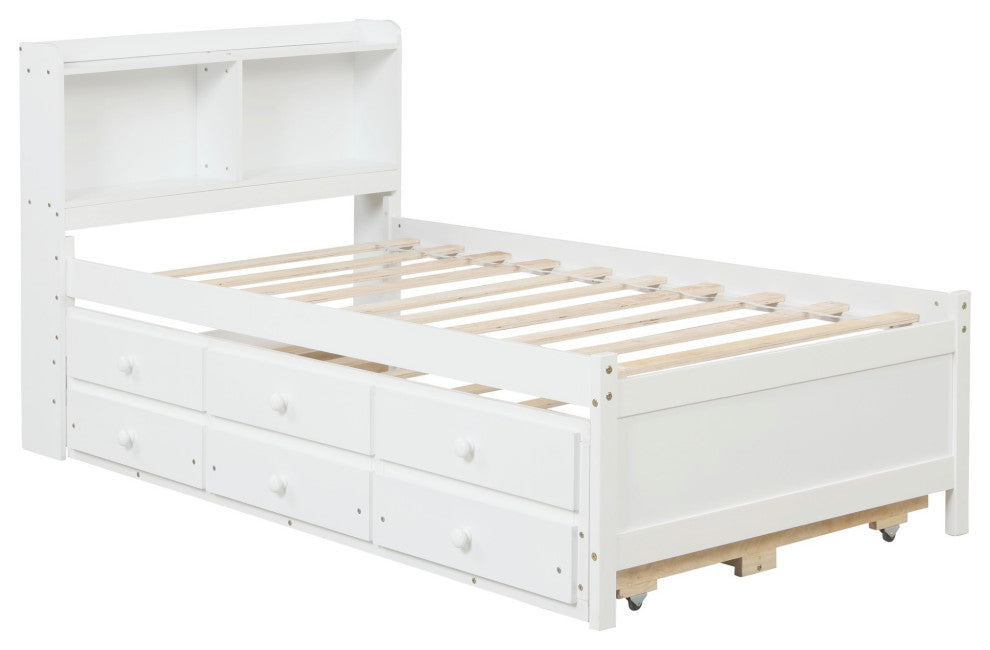 Full/Twin Wood Frame Platform Bed with Trundle and Drawers, White, Twin