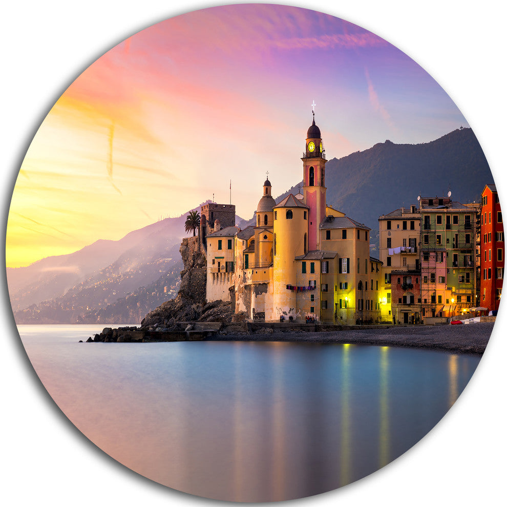 Old Mediterranean Town At Sunrise, Seashore Disc Metal Wall Art, 36"