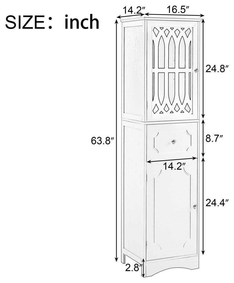 64" Tall Freestanding Bath Storage Cabinet, Adjustable Shelves