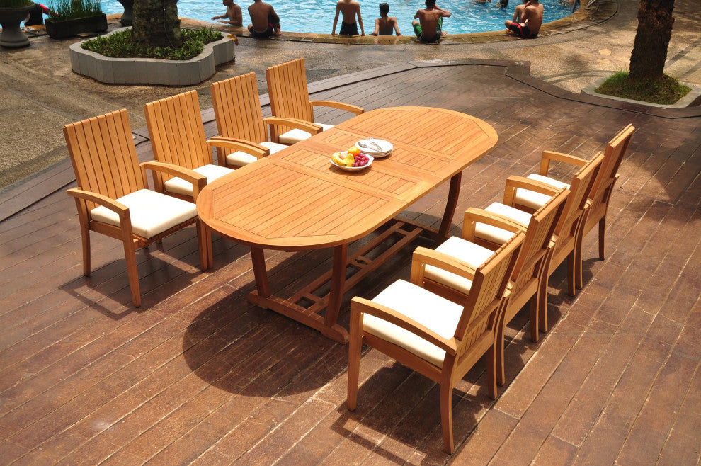 9-Piece Outdoor Teak Dining Set: 94" Masc Oval Table, 8 Goa Stacking Arm Chairs