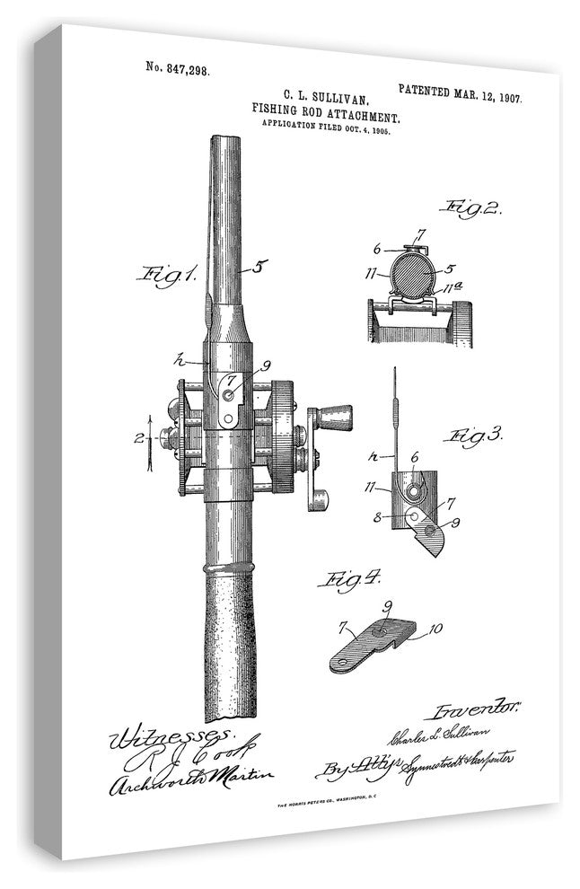 Vintage Fishing Rod Patent 20"x30" Print on Canvas