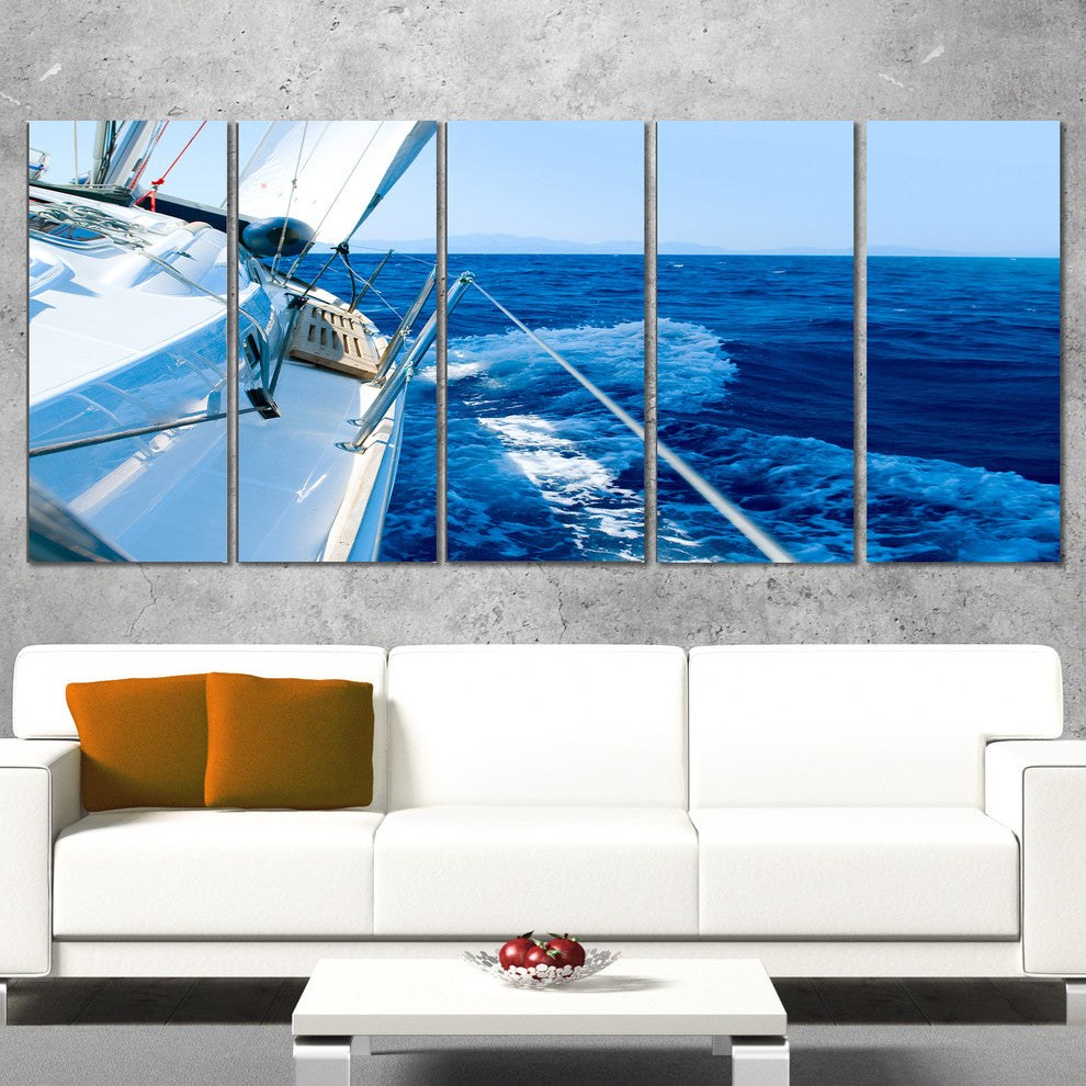Tourism Yacht Sailing in Blue Sea, Seashore Canvas Wall Art, 60"x28", 5 Panels