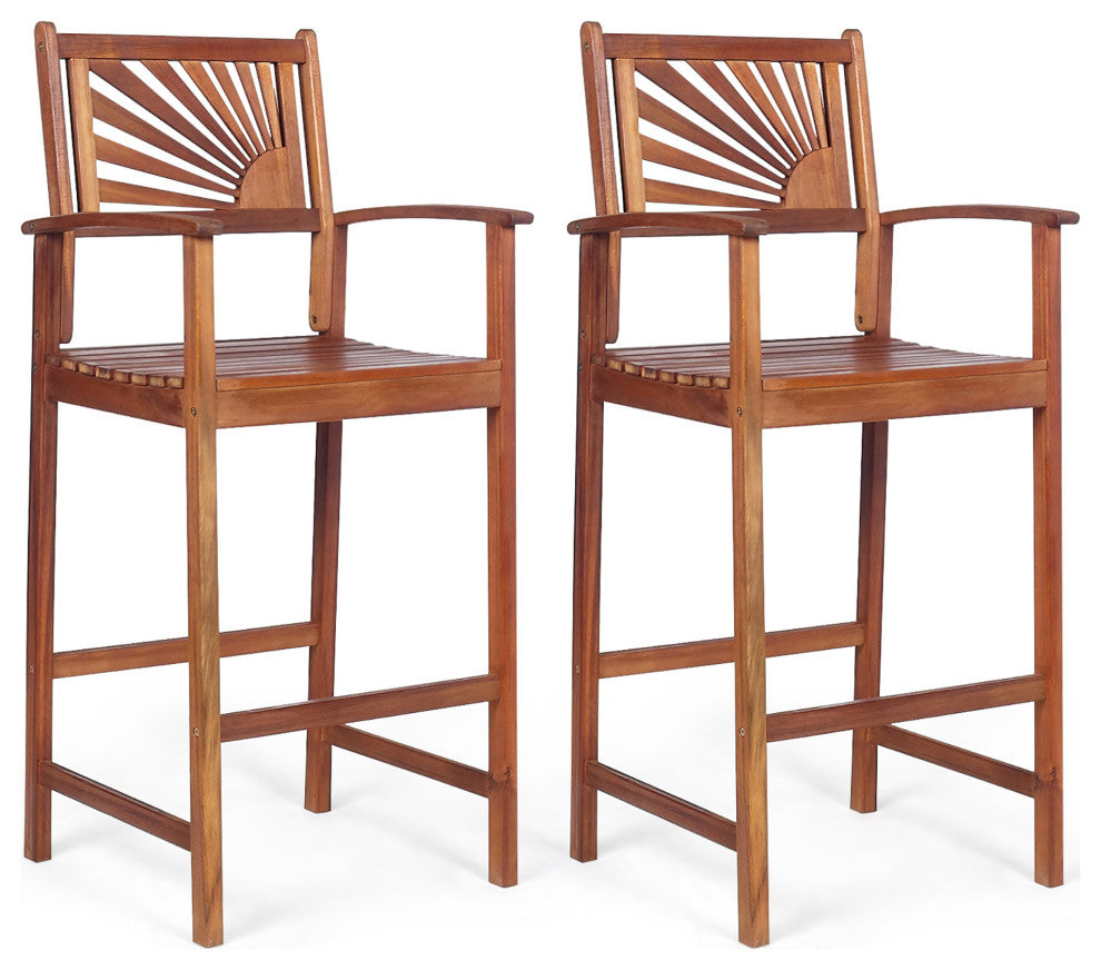 Costway Set of 2 Bar Stools 29inch Acacia Wood Pub Chairs Outdoor w/ Armrests