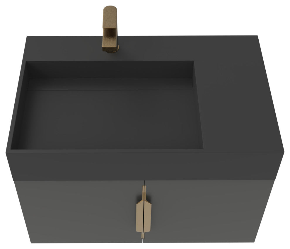 CastelloUSA Amazon 30" Left Wall Mounted Bathroom Vanity Set, Black, Black Top, Gold Handles