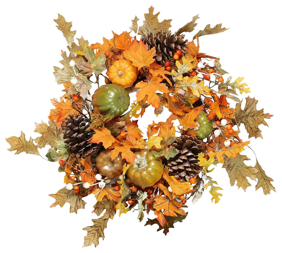 24" Autumn Harvest Fall Leaves Pumpkins and Berries Wreath