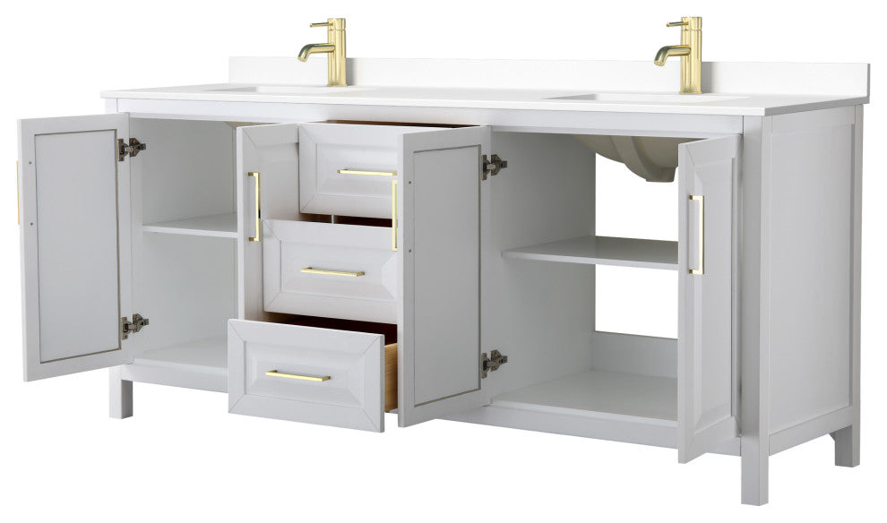 80"DBL Bath Vanity, White, White Cult. Marble Countertop, Sinks, Gold Trim