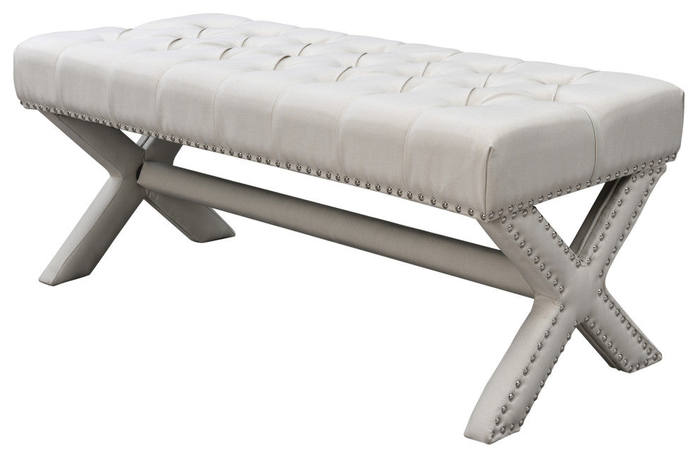 Diana Linen Button Tufted Silver Nailhead Trim X-Leg Bench, Cream White