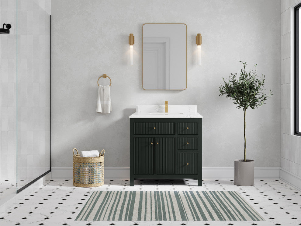 Sonoma 36 Center Sink Reeded Bath Vanity in Dark Forest Green 1.5" Empira Quartz