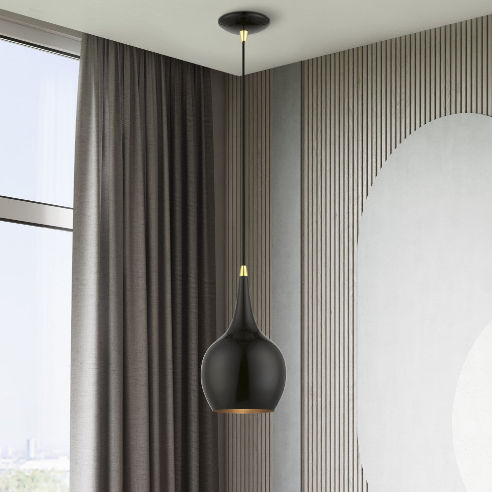 Andes 1 Light Shiny Black With Polished Brass Accents Mini Pendant
