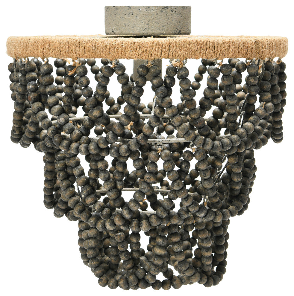 3-Tier Draped Wood Bead Semi-Flush Mount Chandelier, Dark Gray